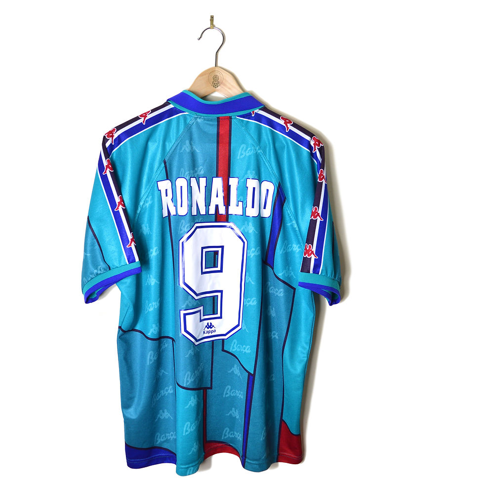 BARCELONA BARCA CLASSIC VINTAGE RETRO AWAY FOOTBALL SHIRT SOCCER JERSEY 1995 1996 1997 #9 RONALDO NAZARIO KAPPA