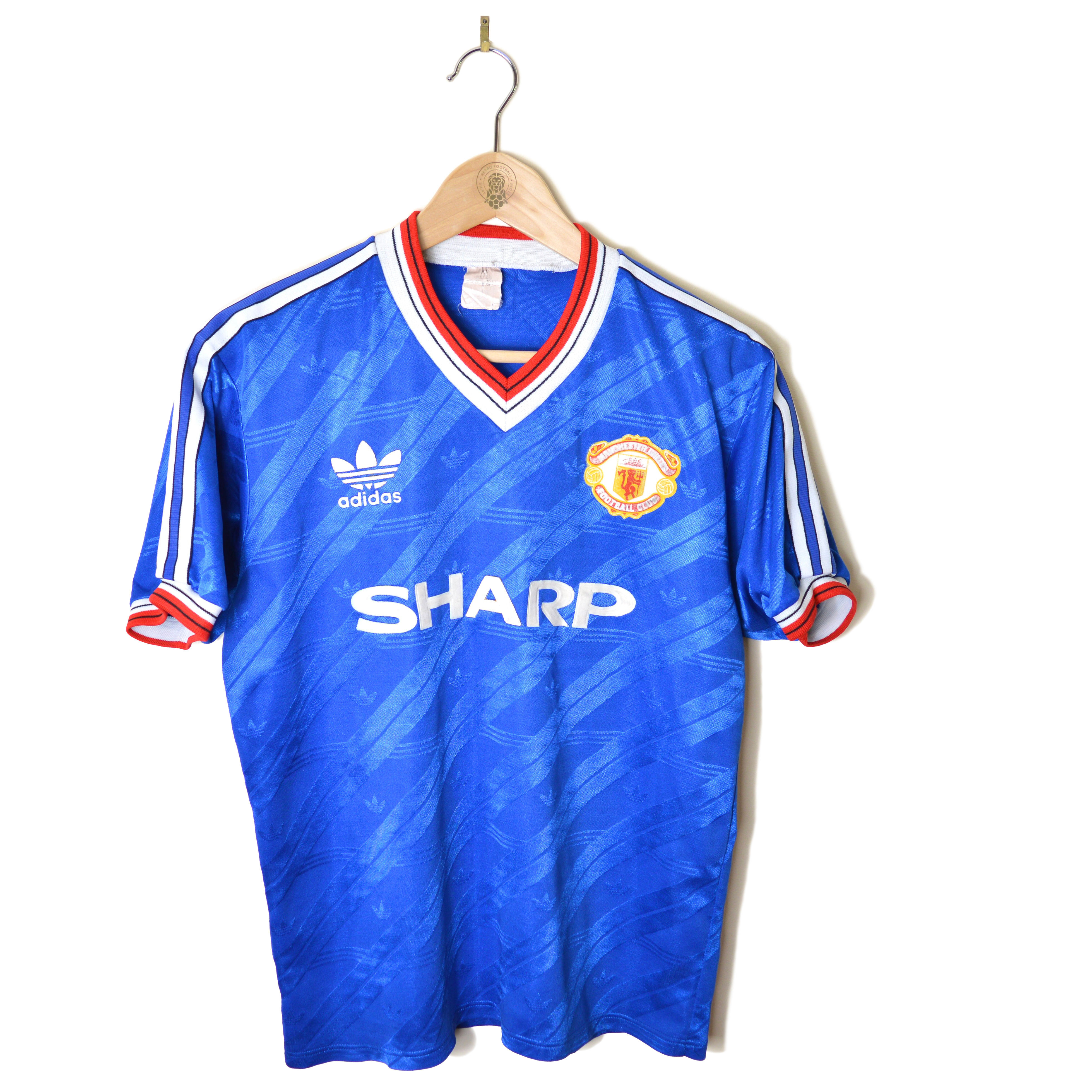 MANCHESTER UNITED MAN UTD  THIRD FOOTBALL SHIRT SOCCER JERSEY 1986 1987 1988 ADIDAS SHARP 80'S BLUE