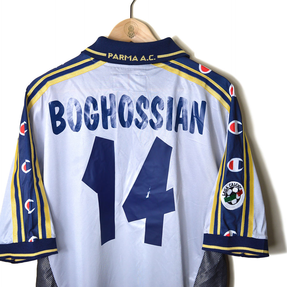 Thumbnail: PARMA CALCIO MATCH WORN PLAYER ISSUE AWAY FOOTBALL SHIRT SOCCER JERSEY 2000 2001 #14 BOGHOSSIAN CHAMPION PARMALAT