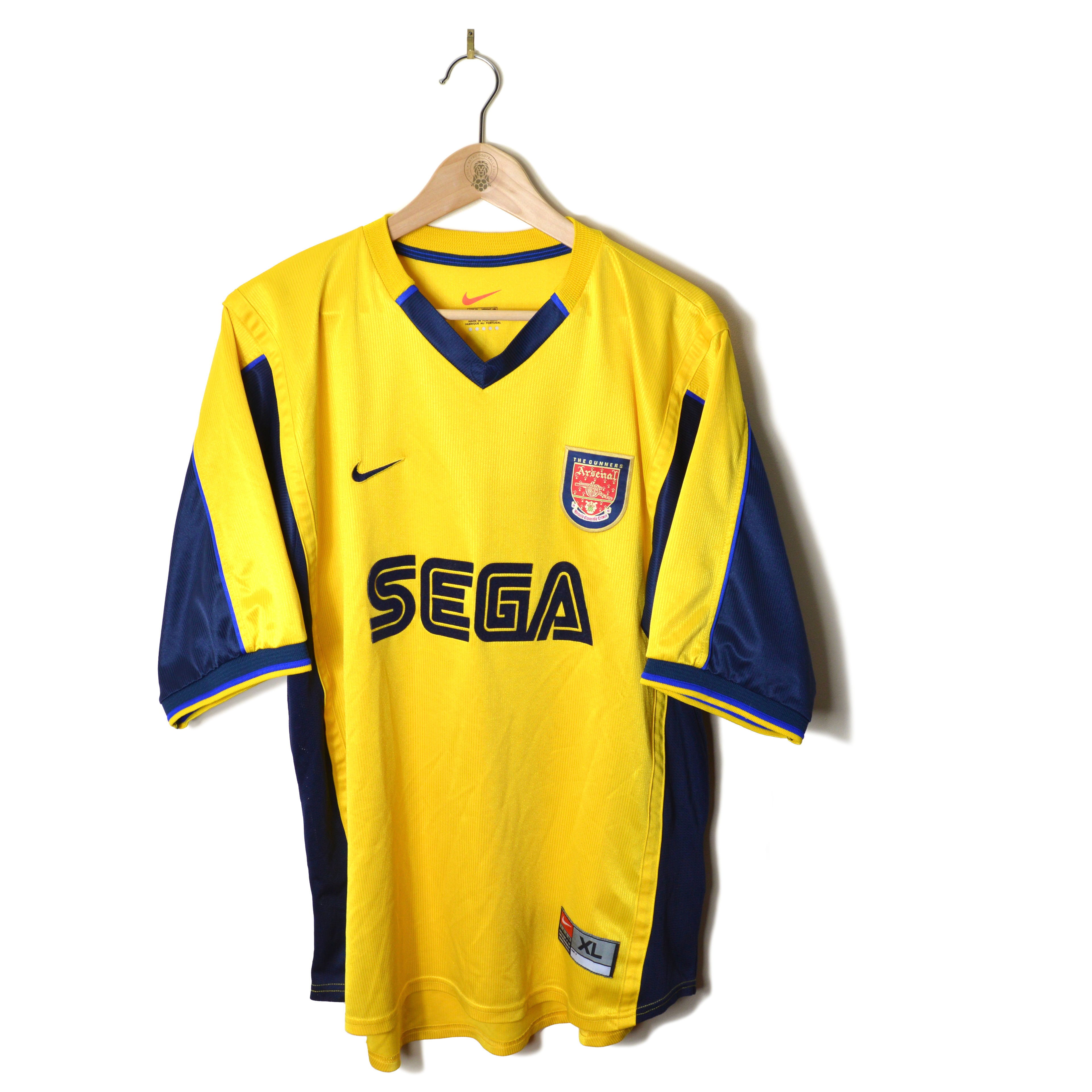 ARSENAL CLASSIC RETRO VINTAGE AWAY FOOTBALL SHIRT SOCCER JERSEY 1999 2000 2001 #25 KANU NIKE SEGA YELLOW