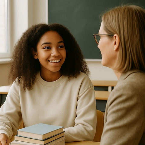 A young African American girl with curly hair smiles warmly while talking to a female teacher in a beige blazer inside a classroom. The student sits at a desk with a small stack of books, and a chalkboard is visible in the background.