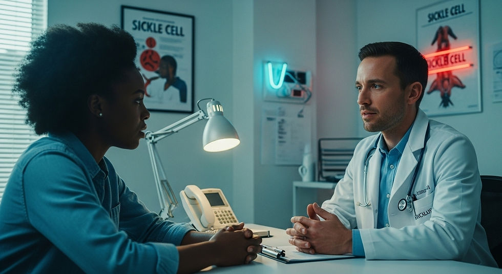 A woman sits across from a doctor in a clinical setting, having a focused and personal conversation. Sickle cell awareness posters are visible in the background, reinforcing the topic of their discussion.