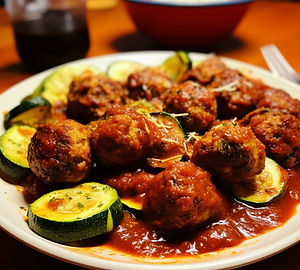 Meatballs in marinara sauce, served with sautéed zucchini