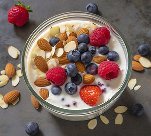 Greek yogurt topped with fresh berries and a handful of almonds