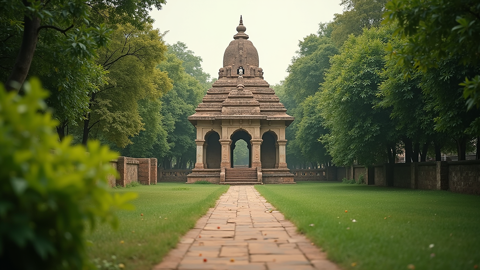 Eye-level view of a serene Jain temple surrounded by lush greenery
