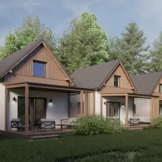 Domki letniskowe, domki letniskowe nowoczesne, domki letniskowe nad morzem, domki letniskowe z tarasem, domki letniskowe w Stegnie, domy letniskowe, dom letniskowy, projekt domów letniskowych, projekt zespołu domów letniskowych, drewniana elewacja, elewacja z jasnego drewna