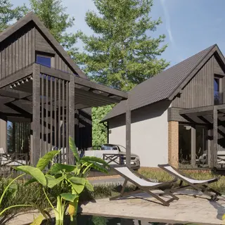 Domki letniskowe, domki letniskowe nowoczesne, domki letniskowe nad morzem, domki letniskowe z tarasem, domki letniskowe w Stegnie, domy letniskowe, dom letniskowy, projekt domów letniskowych, projekt zespołu domów letniskowych, drewniana elewacja, elewacja z ciemnego drewna