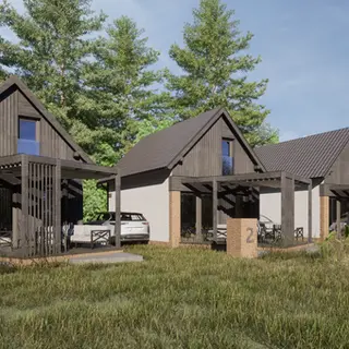 Domki letniskowe, domki letniskowe nowoczesne, domki letniskowe nad morzem, domki letniskowe z tarasem, domki letniskowe w Stegnie, domy letniskowe, dom letniskowy, projekt domów letniskowych, projekt zespołu domów letniskowych, drewniana elewacja, elewacja z ciemnego drewna