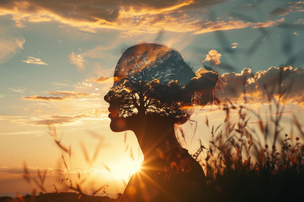 Sonnenaufgang in dem sich die Kontur eine Gesichtes spiegelt