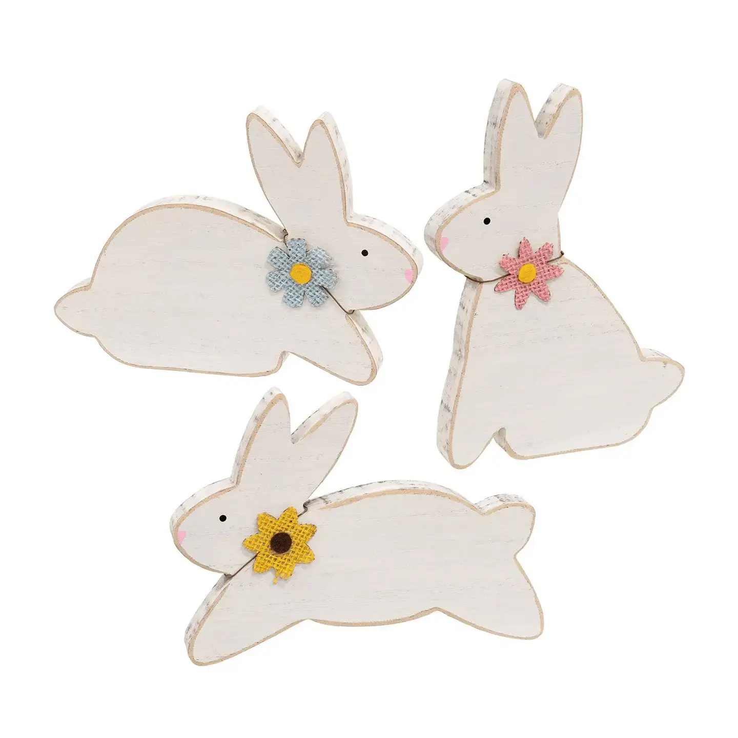 Distressed White Wood Flower Bunny - 3 Asstd.