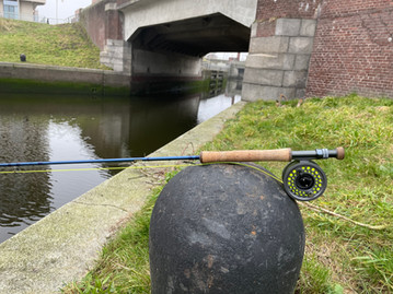 een vlieghengel op een ronde kei