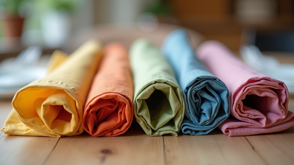 Close-up view of folded colourful linen napkins arranged neatly on a table