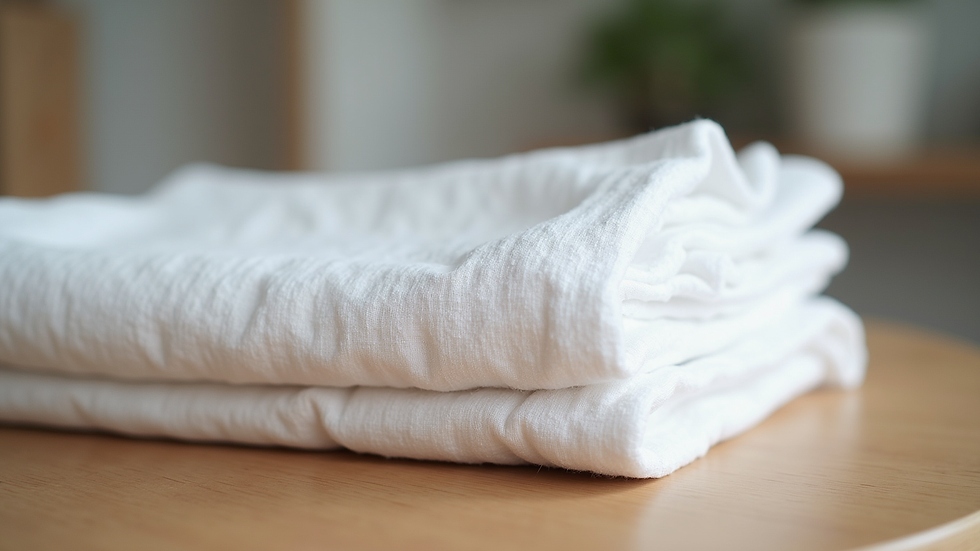 Close-up view of neatly folded white linen on a wooden table