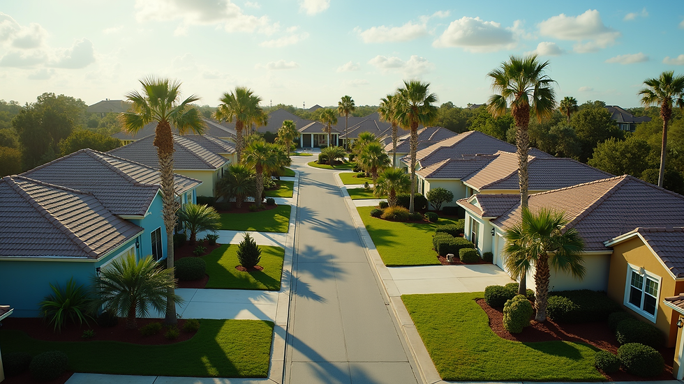 High angle view of a Florida neighborhood with homes and palm trees