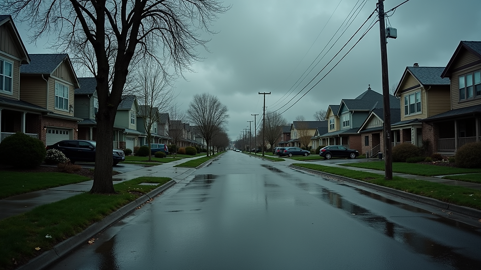 Wide angle view of a suburban neighborhood after a storm
