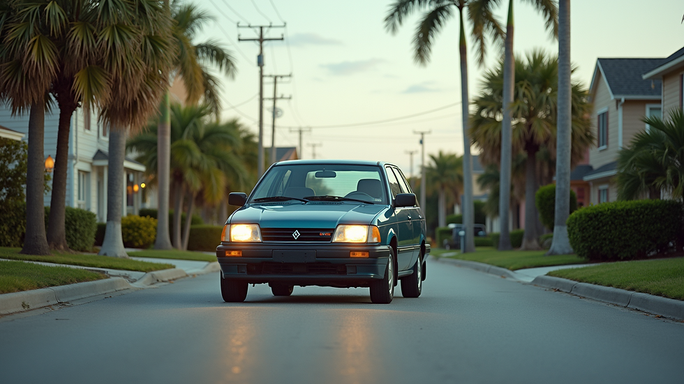 Eye-level view of a car parked on a suburban Florida street
