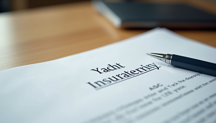 Close-up view of a yacht insurance policy document with a pen