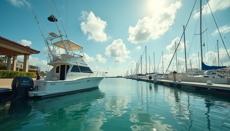 Eye-level view of a small motorboat docked at a Florida marina