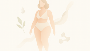 Mulher com tronco fino e lipedema em quadril e membros inferiores, elementos ao redor remetem a mudança do estilo de vida