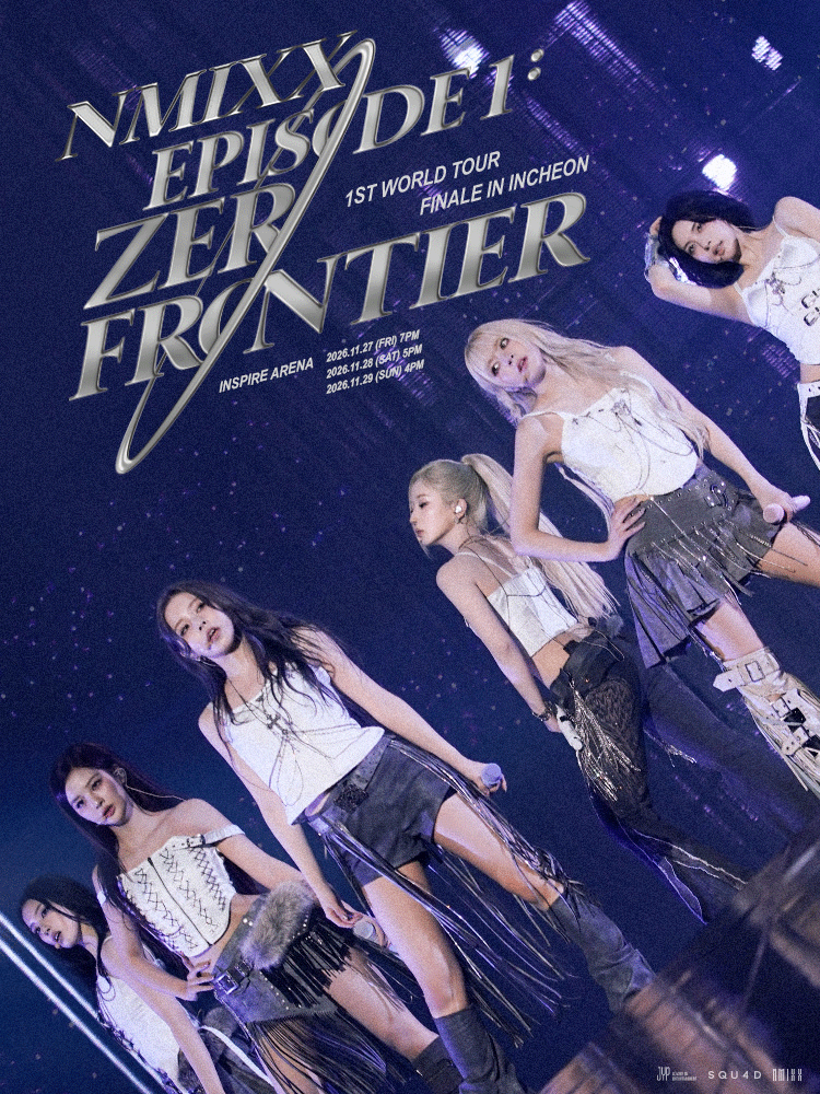 NMIXX concert poster showing five women on a purple-lit stage for EPISODE 1: ZERO FRONTIER, 1st World Tour Finale in Incheon.