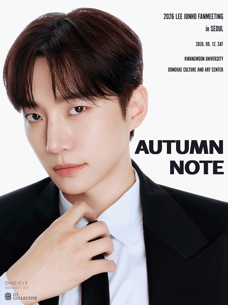 Close-up poster of Lee Junho in a black suit adjusting his tie on a white background; text says AUTUMN NOTE and 2026 fanmeeting in Seoul