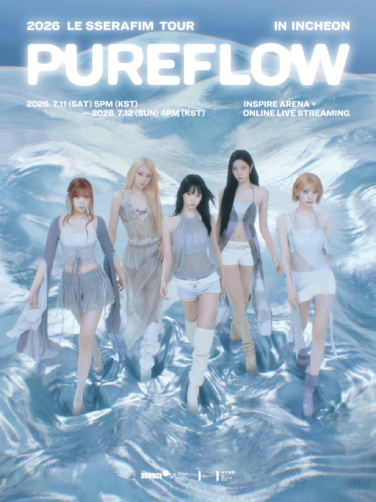 Poster for 2026 LE SSERAFIM TOUR PUREFLOW in Incheon, showing five women walking through a blue-silver wave background.