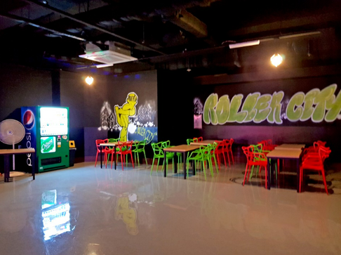 Sitting area with colorful chairs