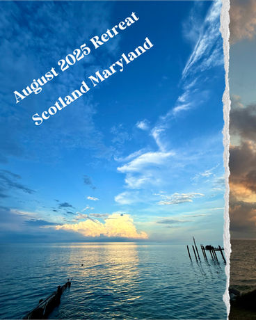 Blue sky and calm Chesapeake Bay with sunset clouds, announcing August 2025 Retreat in Scotland, Maryland.