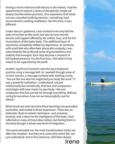 Retreat testimonial from Irene describing body awareness, healing practices, and transformation during the Maryland healing retreat with Atousa Raissyan