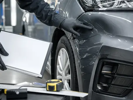 Scarborough collision repair technician checking front-end damage and headlamp alignment