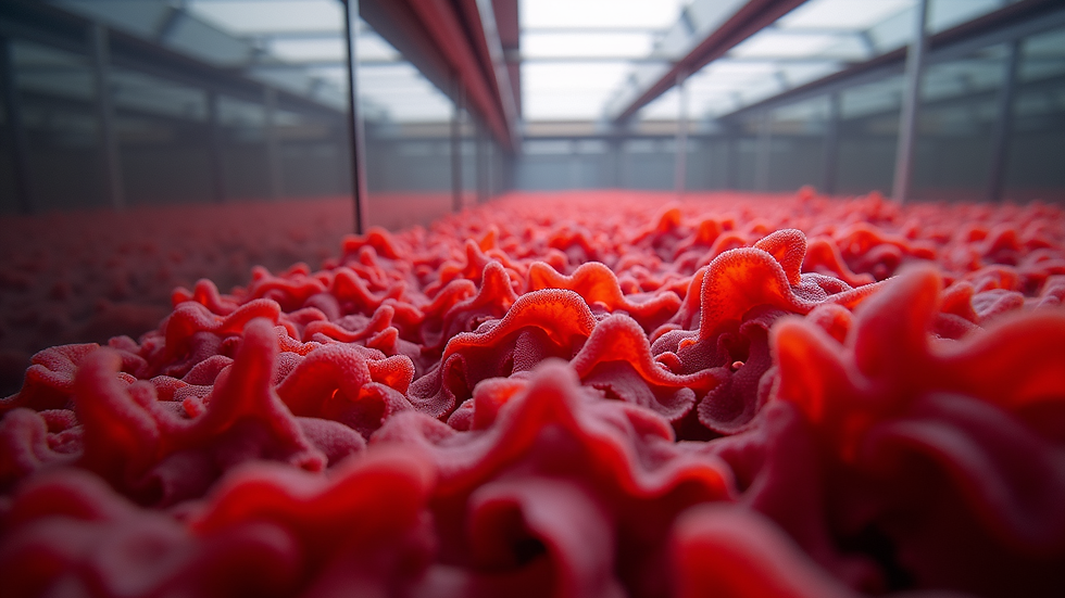 Eye-level view of red algae growing in a controlled aquaculture tank
