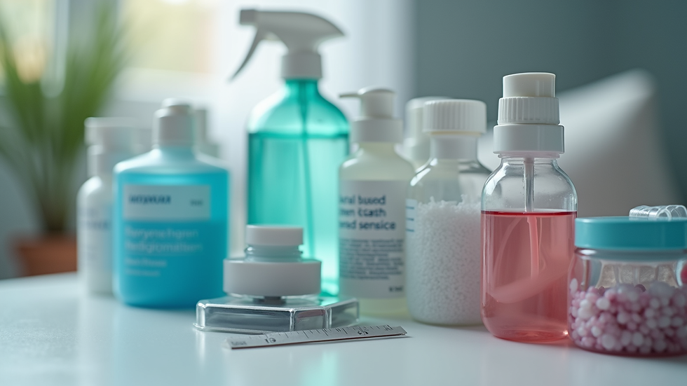 Close-up view of medical supplies arranged for home nursing care