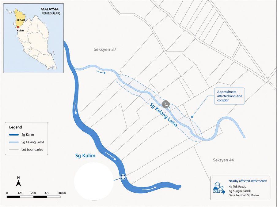 Figure 3: A river moving across titled land. The cadastral image shows how Sg. Kélang Lama now cuts across private lots before linking to the Sg. Kulim system. It captures the mismatch between fixed land ownership and a river corridor that has become physically mobile.