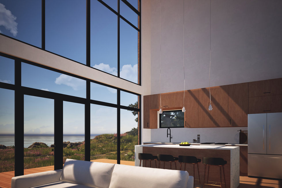 Interior perspective of a modern two-story kitchen and living room with a full wall of nearly floor to ceiling windows and doors overlooking a lake.