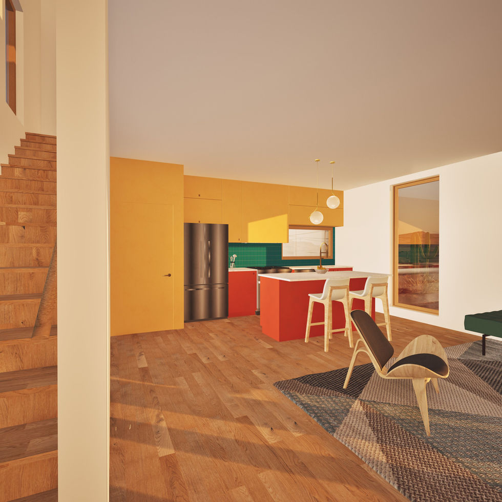 Interior perspective from the entry door looking towards the kitchen with brightly colored cabinets and a sliver of a view up the stairs to the upper level.