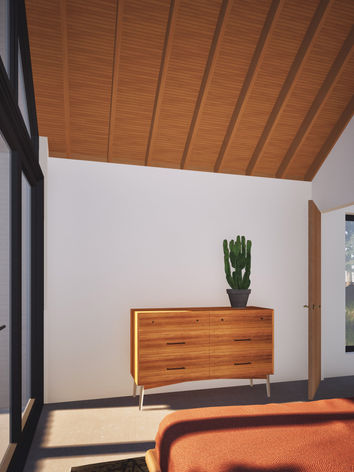 Sun-drenched interior perspective of the bedroom including the wall of glazing and the exposed rafters and wood ceiling. 
