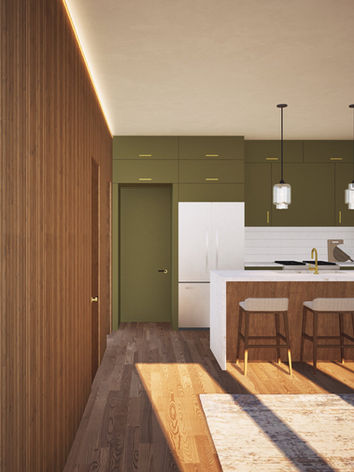 Entry into modern cabin with a vertical wood slat feature wall and a large open kitchen with olive green cabinets and a large marble-wrapped island.