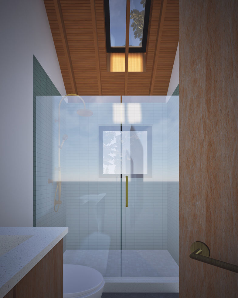 Bathroom with a glass shower enclosure, tiled shower walls and a generous skylight above the shower in the exposed wood ceiling.