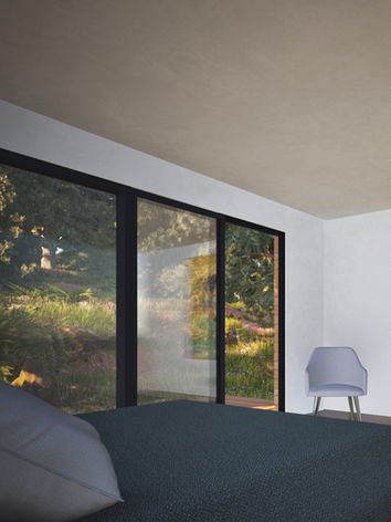First floor bedroom with a large sliding glass door and built-in wood drawers along the opposite wall.