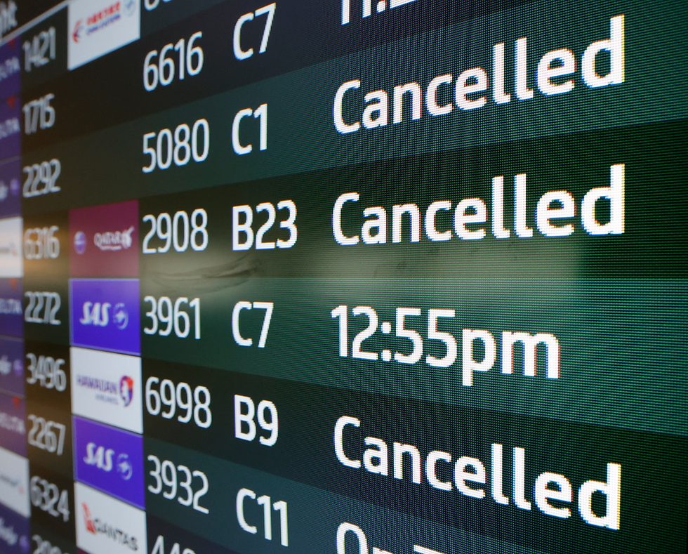 A departures board at the San Francisco International Airport on 7 November 2025. Photograph: John G Mabanglo/EPA