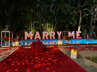 Amazing décor with flowers, MARRY ME 3ft illuminated letters, lanterns, aisle runner and flower bouquet