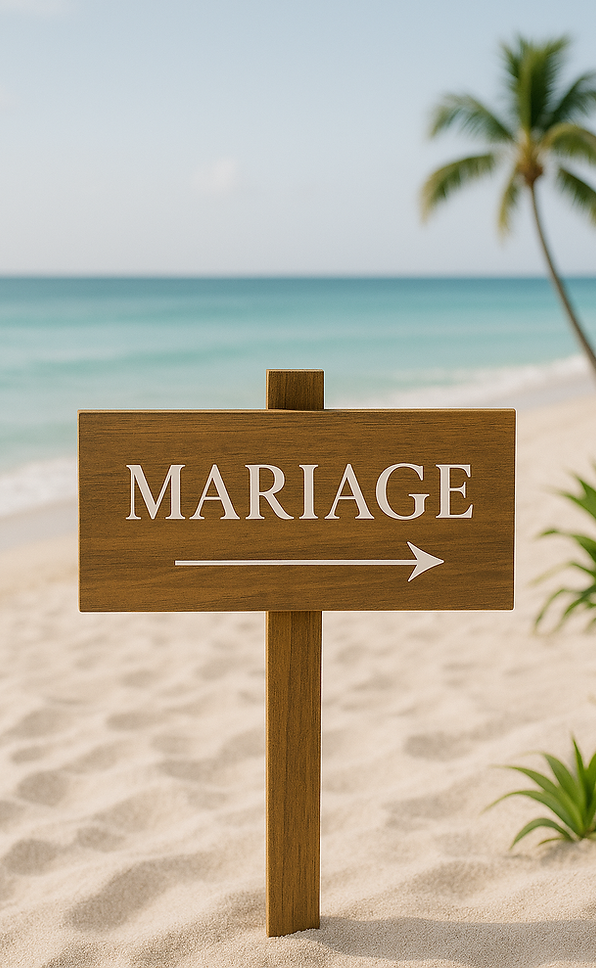 Panneau direction mariage plage en bois