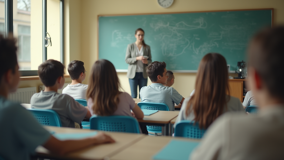 Eye-level view of a small classroom with engaged students and a teacher