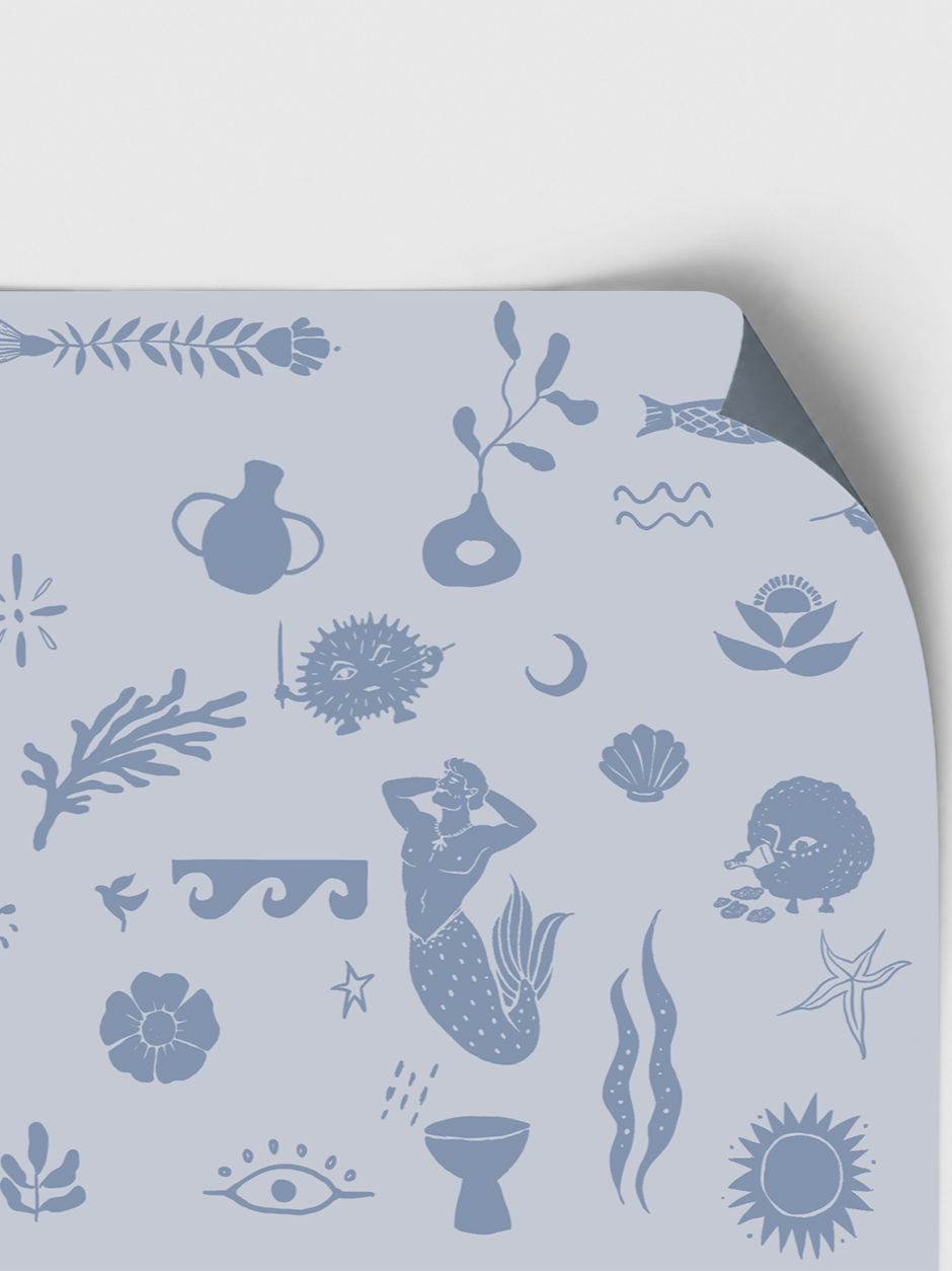 Blue nautical pattern with merman, sea creatures, and shells