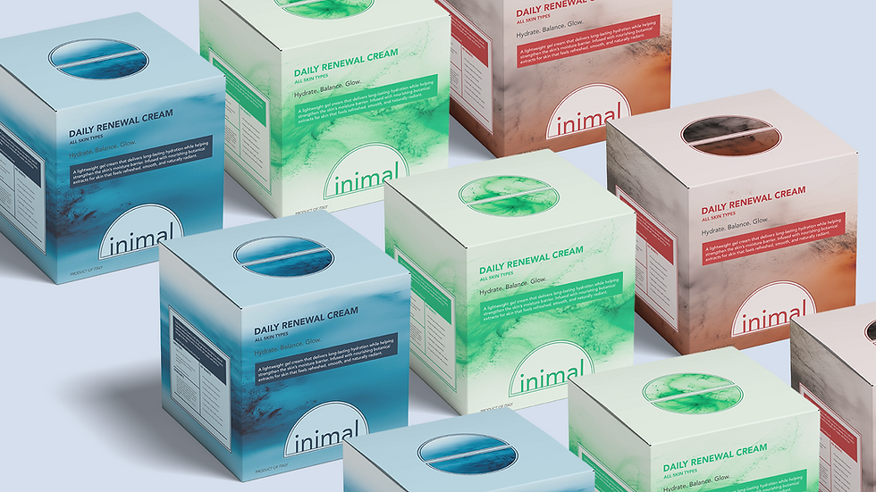 Arrangement of Minimal Daily Renewal Cream boxes. Branding and package design by D'Amoy