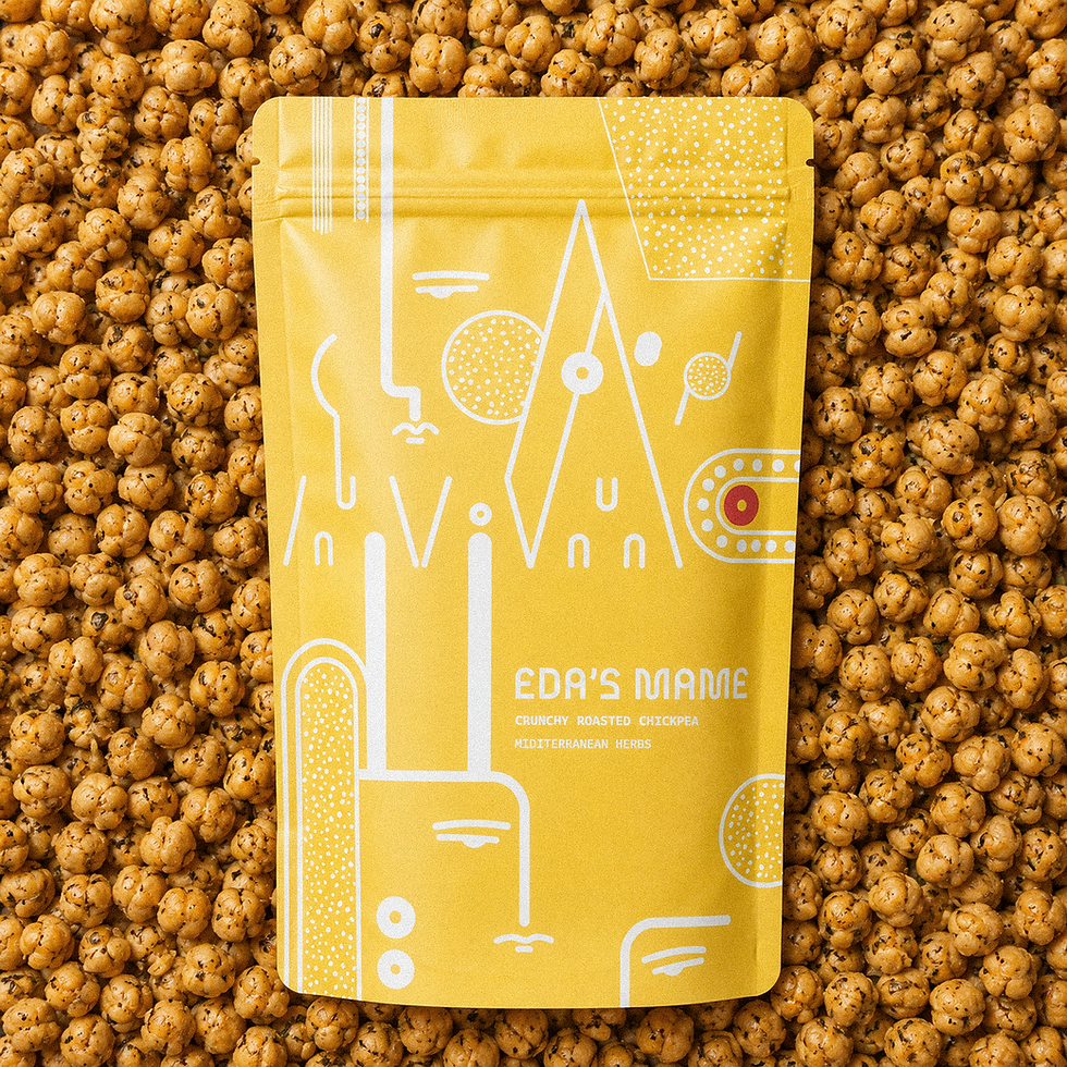 Yellow Eda's Mame snack pouch on a bed of roasted soybeans