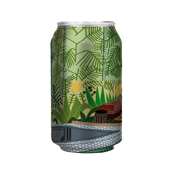 Beverage can with tropical plant illustration and pool design