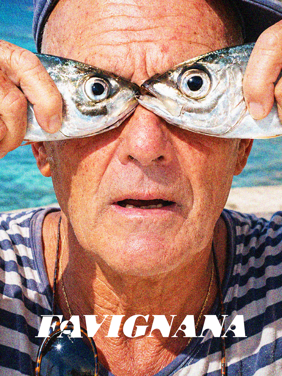Man holding small fish over his eyes with Favignana text
