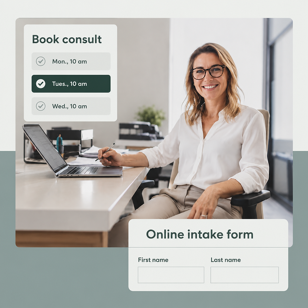Professional woman at desk with online booking and intake form