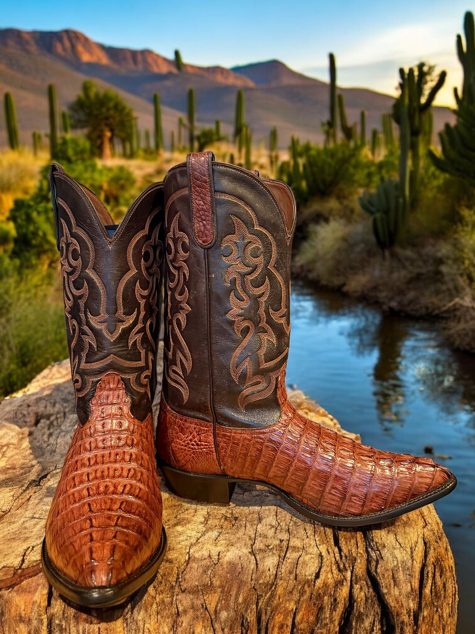 Thumbnail: NOCONA Handmade USA Exotic Caiman Tail Burnished Carmel 0109 Sz 14.5-E 955-20007